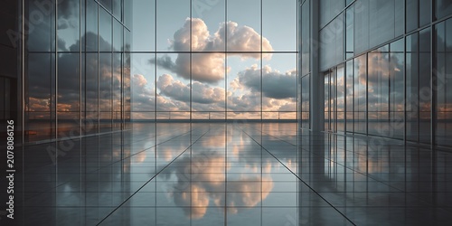 An empty modern building lobby with large glass windows reflecting the sky and clouds