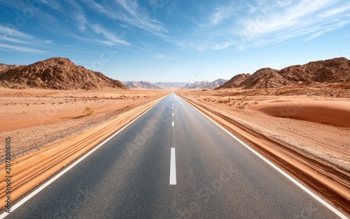 Scenic Desert Highway Stretching Towards Mountains Under Clear Blue Sky