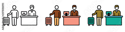 Photos Travel check-in desk icons featuring a passenger with luggage and a helpful airp