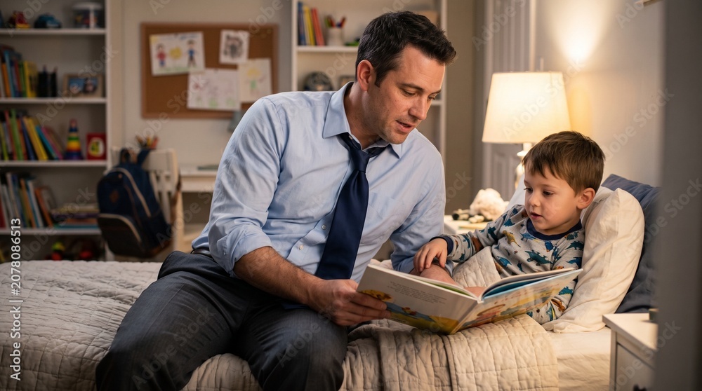 Fototapeta premium Dad reading bedtime stories to his son in a cozy bedroom setting