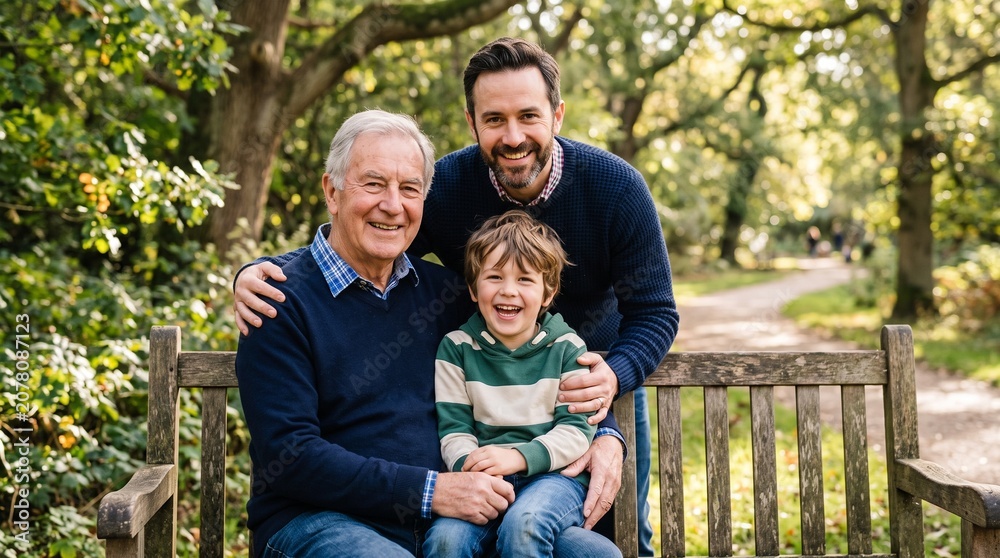 Fototapeta premium Three generations of men smiling on a park bench in autumn