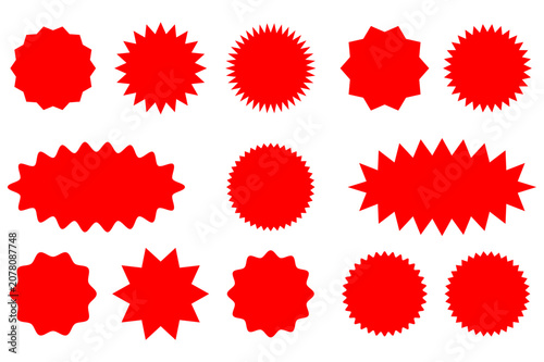 Red Starburst Badge Set, Sale Sticker Collection, Price Tag Labels, Sunburst Burst Icons, Promotional Discount Badges, Wavy Edge Circle Labels Vector