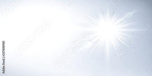 Bright Sunlight Lens Flare on Clear Blue Sky Background with Radiant Sun Rays, Natural Sunshine Glow and Copy Space
