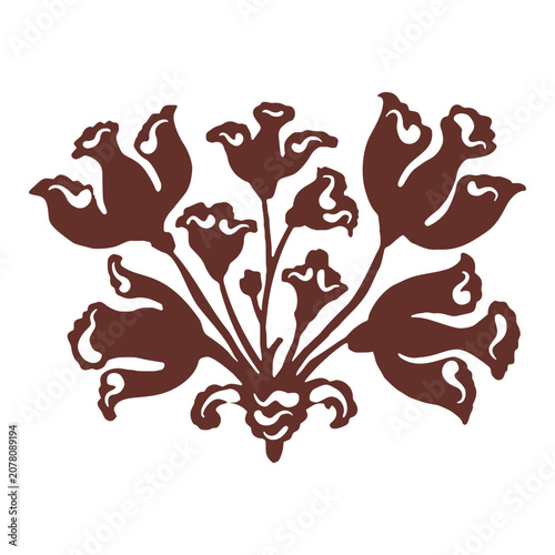 Hand drawn folk art floral greeting card motif silhouette. Flat isolated on white background vector illustration. Botanical scandi summer nature design element. Quirky flower block print sticker