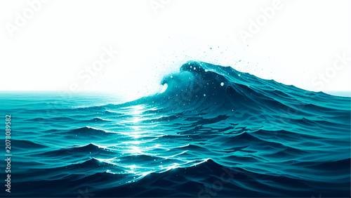 Tableau sur toile A powerful blue ocean wave with white sea foam and sparkling sunlight reflection