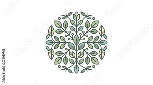 Nature Mandala Floral Design, Green Leaves Circle Emblem, Organic Symmetry Art
