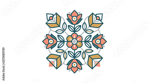 Symmetrical Floral Mandala Design with Geometric Elements