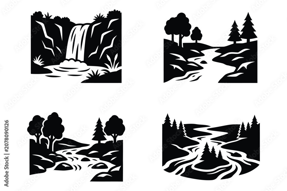 Fototapeta premium Black silhouette landscape scenes with trees, water, and hills in various compositions on white background for design elements