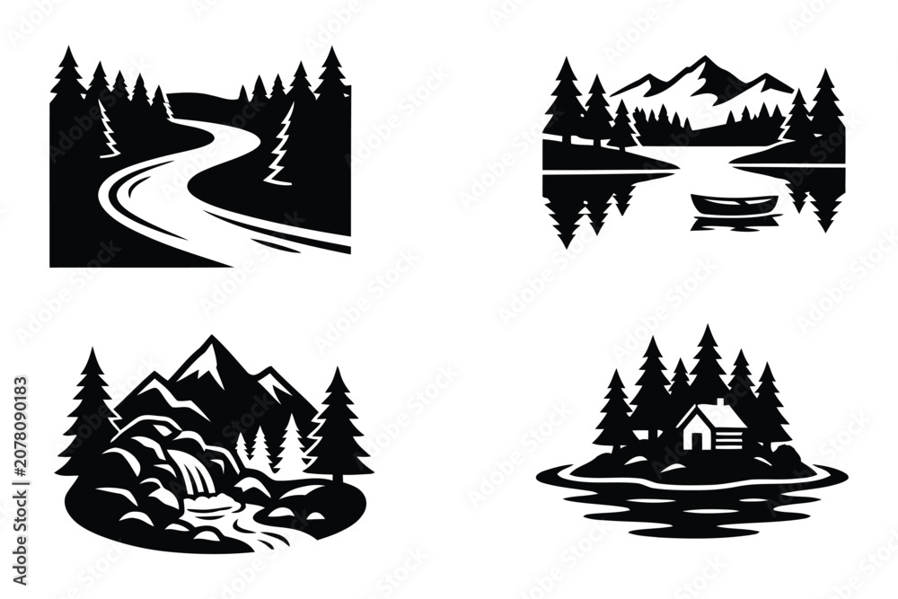 Fototapeta premium Black silhouette scenic landscape icons featuring forest, mountains, and water on white background for design