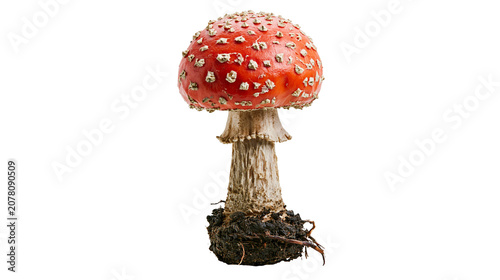 Fotografie Red and white spotted Amanita muscaria mushroom with visible roots, isolated on
