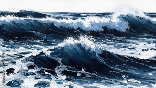 Photography Oil painting of turbulent dark blue ocean waves with white sea foam, expressive