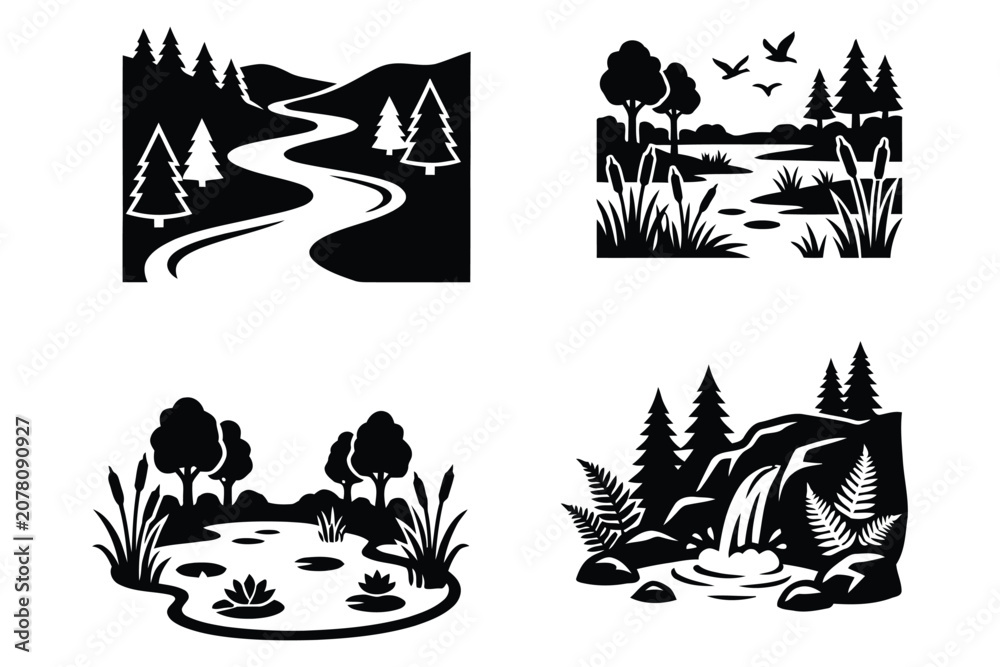 Fototapeta premium Silhouette scenic landscape designs with trees, river, pond, waterfall in black and white, isolated on white background for nature graphics