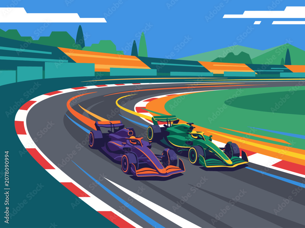 Obraz premium A vibrant depiction of a thrilling racing scene with two Formula One cars dynamically competing on a racetrack, illustrating speed, adrenaline, and competitive spirit in motorsport.