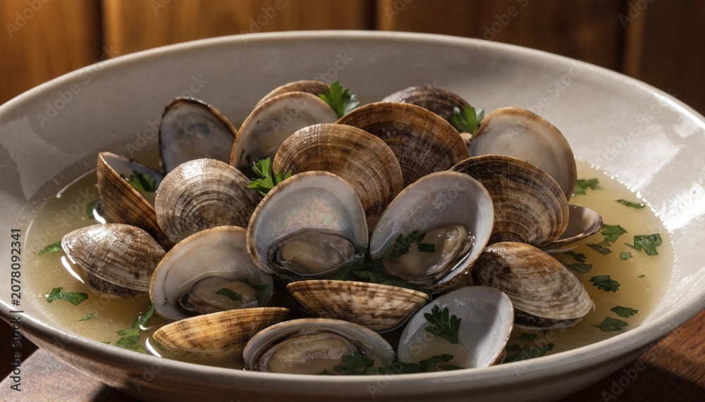 Fototapeta premium Steamed clams in a shallow ceramic bowl with parsley and broth on a wooden table, suitable for seafood restaurant menus and coastal dining promotions.
