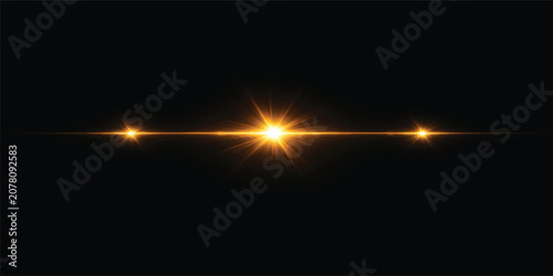 Golden Cinematic Lens Flare Light Streak on Black Background with Triple Optical Glow, Luxury Sunburst Effect and Copy Space