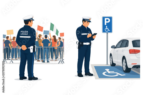 Obraz na płótnie Vsai italian polizia locale officer managing protest and issuing parking ticket