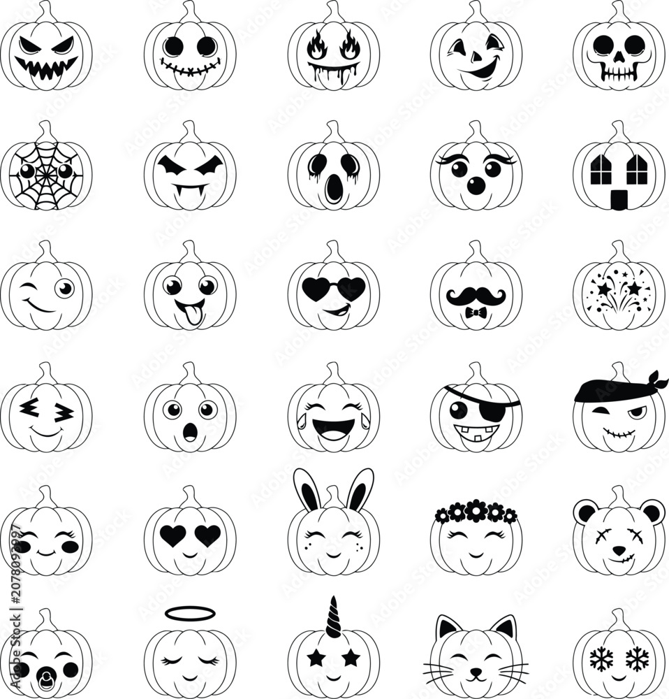 Fototapeta premium Creative carved Halloween cute pumpkin faces collection 