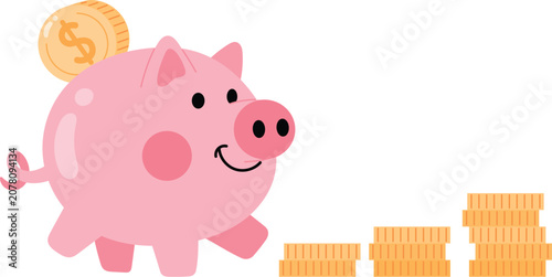 Pink Piggy Bank With Stacked Coins, Happy Piggy Bank Saving Money, Collecting Stack of Coin illustration