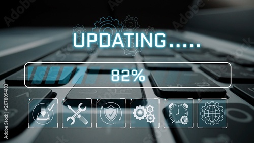 Modern Laptop Keyboard with Progress Bar Display Showing Update Status at 82 Percent in High-Tech Environment Sigmoid
