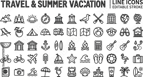 Black line icons of travel and summer vacation symbols, silhouette style on white background