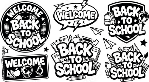 Black silhouette welcome back to school icons with educational symbols on white background for design