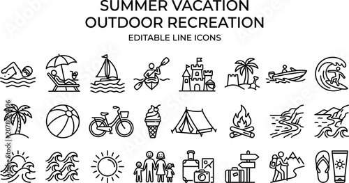 Summer vacation outdoor recreation editable line icons in silhouette style on white background for travel design