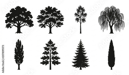 Foto Professional vector illustration featuring a diverse collection of tree silhouettes arranged in an organized grid layout