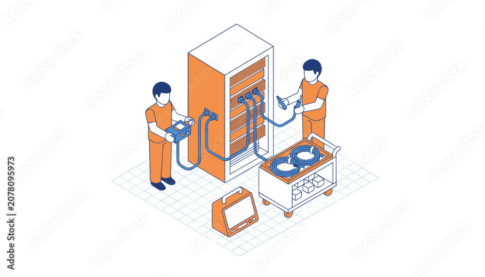 Obraz premium Network technicians maintain server room infrastructure by testing cable connections with diagnostic tools to optimize data flow and system performance.