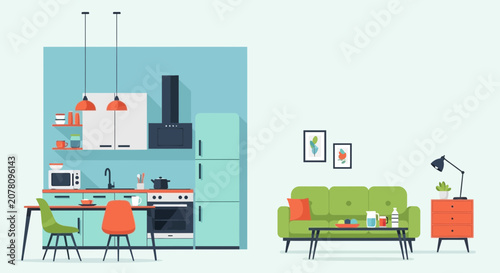 Modern office interior with two professionals collaborating at a desk.