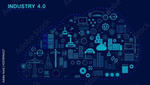 Canvastavla Industry four point zero vector illustration featuring gears screens and buildin