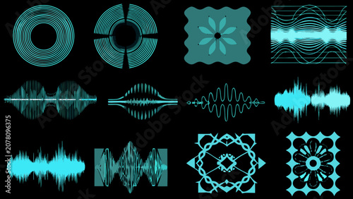 Tablou pe pânză Collection of teal audio waveform designs and floral inspired geometric patterns