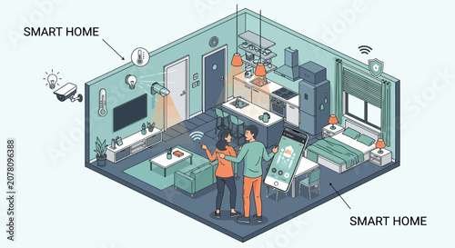 Modern smart home interior with family enjoying technology together.
