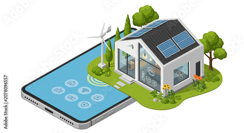 Modern suburban house with digital tablet on grass lawn.