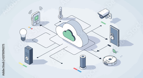 Modern technology devices connected by network lines illustration.