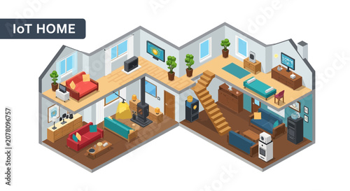 Smart home technology devices and gadgets in a modern IoT house.