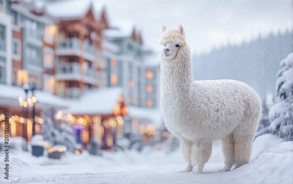 Fototapeta premium White furry alpaca standing on snowy street near winter village buildings