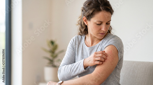 Woman scratching itchy skin rash on arm due to allergy or dermatitis