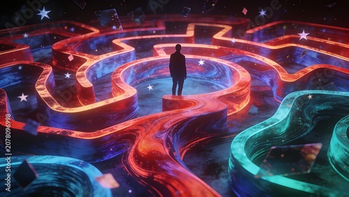 Hyperreal surreal silhouette in a glowing neon maze, symbolizing emotional struggle, memory, psychology and inner transformation.