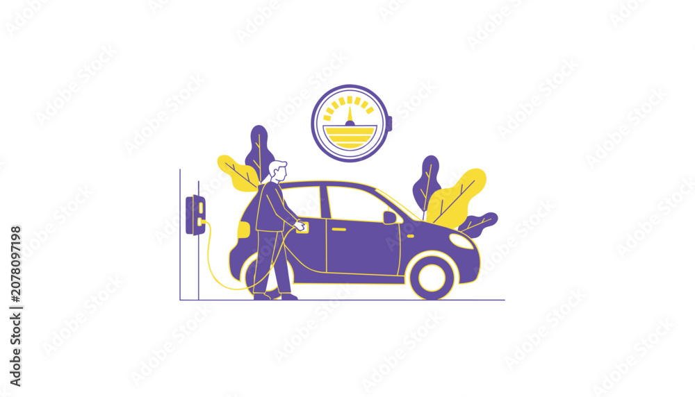 Naklejka premium Person plugging electric vehicle into charging station to refuel battery while monitoring energy levels with digital gauge display.