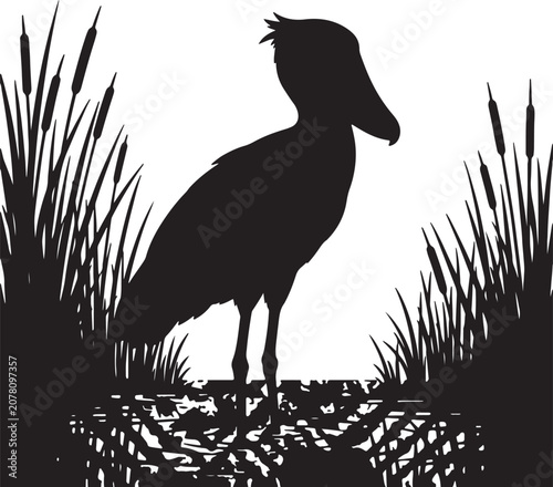 Shoebill Stork Silhouette Standing in Swamp Reeds
