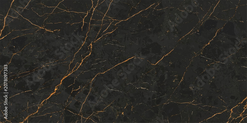 Quadro su tela Abstract black gold marble background, a dark luxury stone with fine copper veining and a polished surface for banner, cover, packaging and wallpaper
