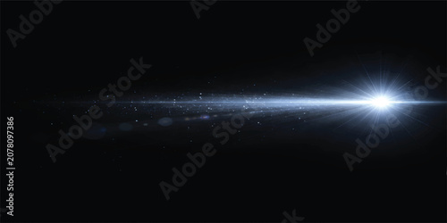 White Lens Flare Light Effect on Black Background with Cinematic Optical Glow, Horizontal Light Streak and Starburst Overlay