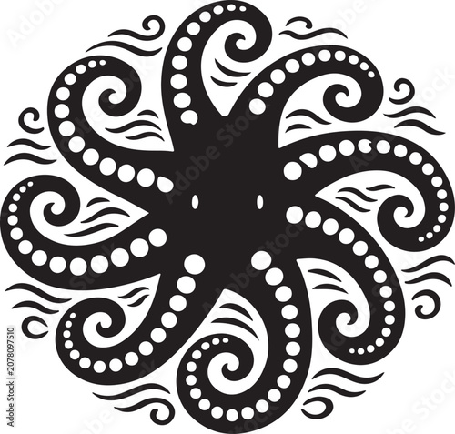 Circular Octopus Silhouette with Swirling Tentacles
