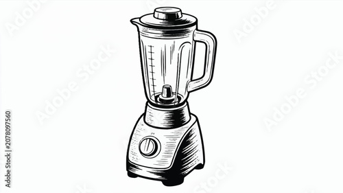 An illustration of a sleek black electric blender on a kitchen countertop with a handle and a clear pitcher.