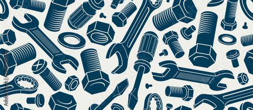 Schilderij op canvas Repair and maintenance seamless background, vector mechanical fix service theme endless wallpaper, bolts and wrenches tiling pattern, elements can be used separately