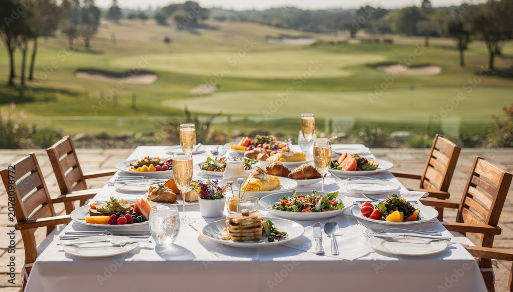 Fototapeta premium Brunch tables arranged outdoors with colorful dishes sharply detailed and the golf course fairway gently blurred in the distance.