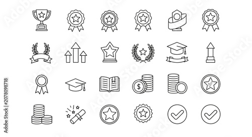 Monoline Trophy Award Icon Set and  Minimal Outline Winner Reward Achievement