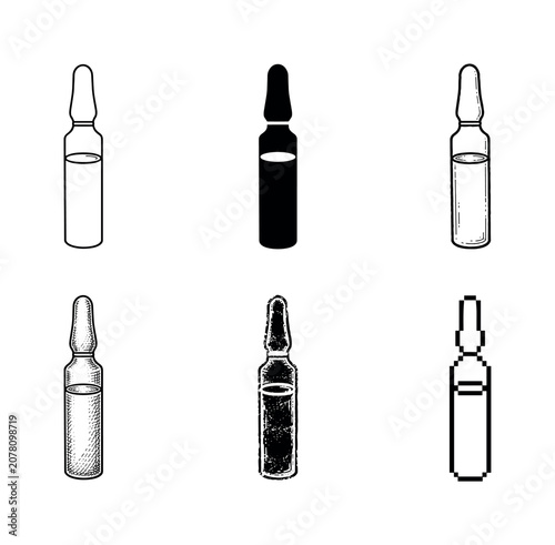 Collection of diverse ampoule illustrations in various artistic styles