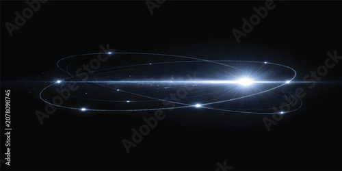 Abstract Atomic Orbit Light Trails with White Lens Flare, Futuristic Energy Rings, Digital Network and Quantum Technology Background