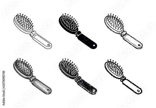 Collection of diverse hairbrush illustrations in various artistic styles